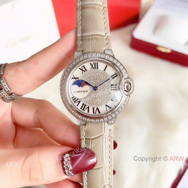 replica Ballon Bleu de Cartier 36mm Gold Diamond Green Leather Band WATCHES 6