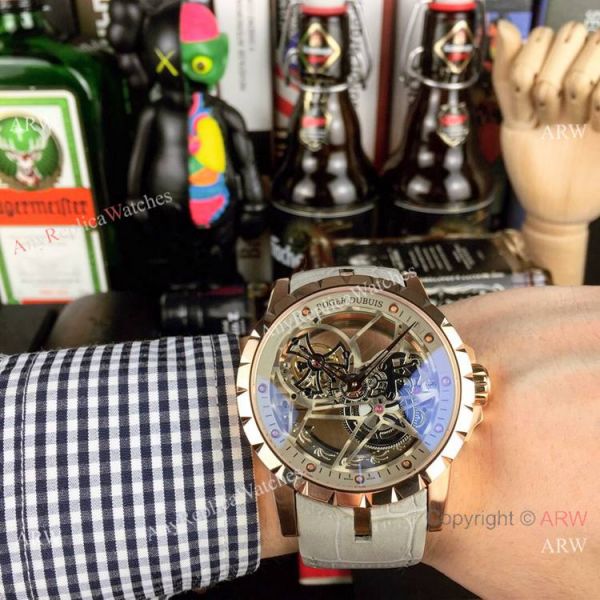 replica Copy Roger Dubuis Excalibur Flying Tourbillon es SS Gray Leather Strap WATCHES 6