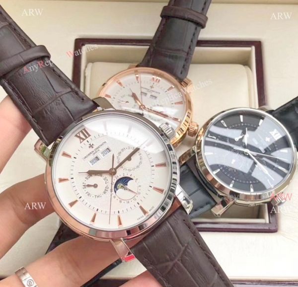 replica Fake Vacheron Constantin es For Sale Brown Leather Strap Black Dial WATCHES 7