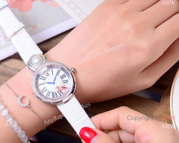 replica High Quality Copy Cartier Women es Rose Gold Blue Leather Strap WATCHES 7