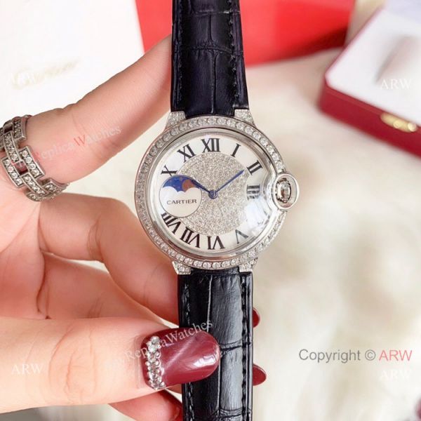 replica Ballon Bleu de Cartier 36mm Gold Diamond Green Leather Band WATCHES 8