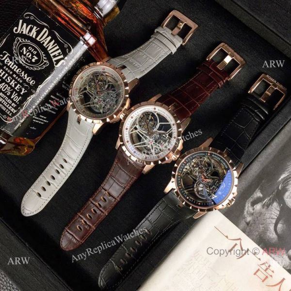 replica Copy Roger Dubuis Excalibur Flying Tourbillon es SS Gray Leather Strap WATCHES 8